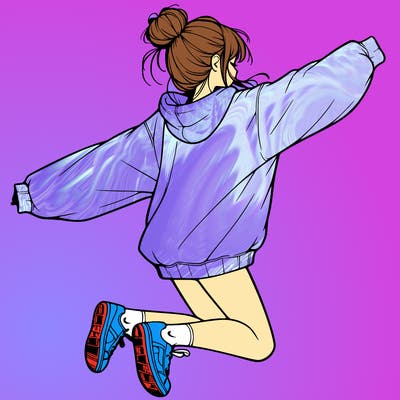 realistic girl jumping with a bun and oversized sweatshirt