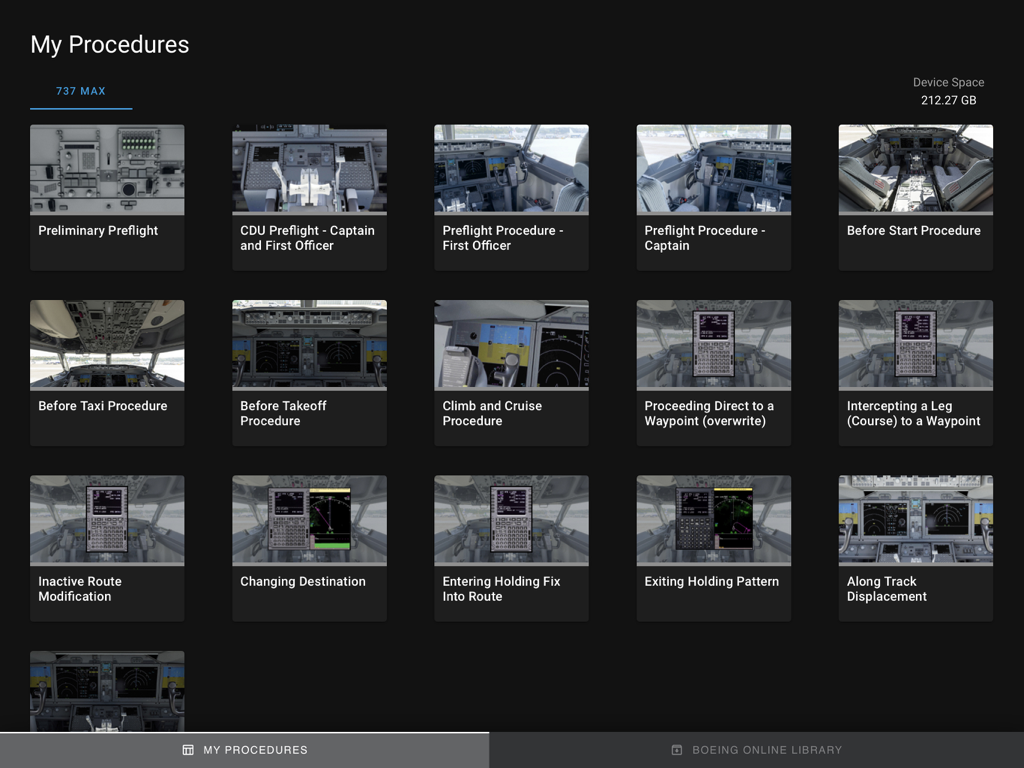 Ein Dashboard der Boeing VA Procedures Trainer App, das verschiedene 737 MAX Flugverfahren für das Pilotentraining zeigt.
