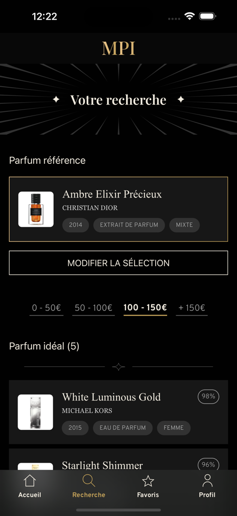 Mon parfum idéal - Search interface of the Mon parfum ideal app showing perfume recommendations and match percentages