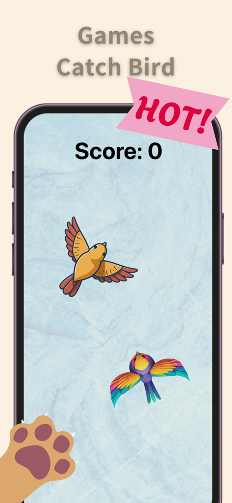 CatVerse - Cat Games for Cat - Mobile screen showing an interactive bird hunting game for cats with a score counter and colorful flying birds