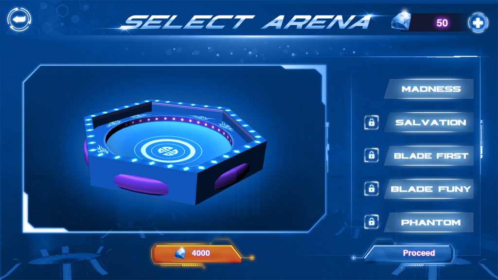 Beyblade : Spin Blade 1 - Beyblade Spin Blade 1 arena selection screen with 3D hexagonal stadium