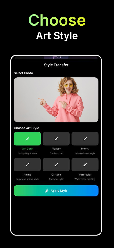AI Photo and Video Generator - Bildschirmauswahl für Kunststile in der KI-Foto- und Video-Generator-App mit künstlerischen Filtern wie Van Gogh und Anime