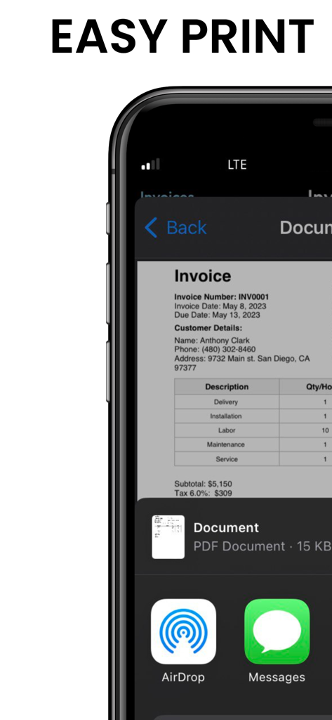 Invoice Maker - PDF Creator - iPhone showing a professional invoice preview with AirDrop and Messages sharing options