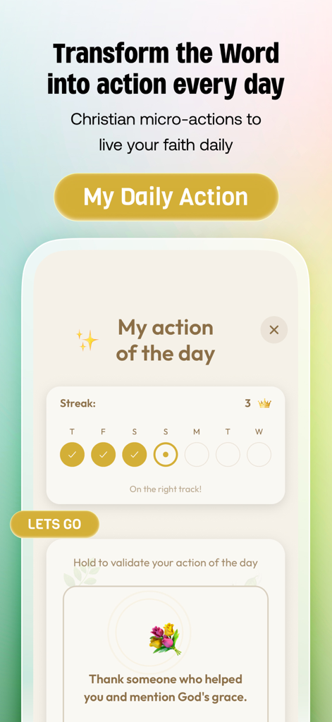 Interface do aplicativo Viven mostrando um recurso de ação cristã diária com rastreador de sequência e prompt de desafio de fé