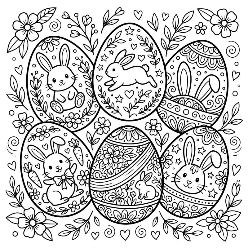 Celebrate Easter with this charming coloring page featuring six unique eggs, each adorned with playful bunny designs and intricate spring patterns. It's the perfect activity to bring springtime cheer and creativity to your home.
