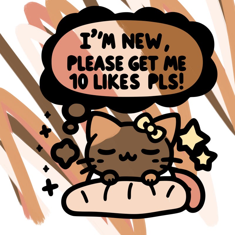 kitty taking a nap dream talking and saying "i'm new, please get me at least 10 likes pls!!"