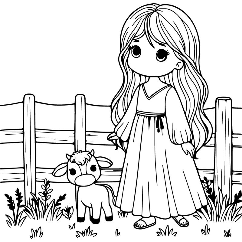 girl in long flowy dress standing in a meadow next to a fence with a baby cow