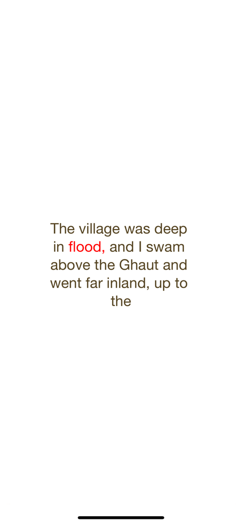 Modo de lectura enfocada en la aplicación ReadMe que muestra un fragmento de texto con una palabra resaltada en rojo para mejorar la velocidad y la concentración