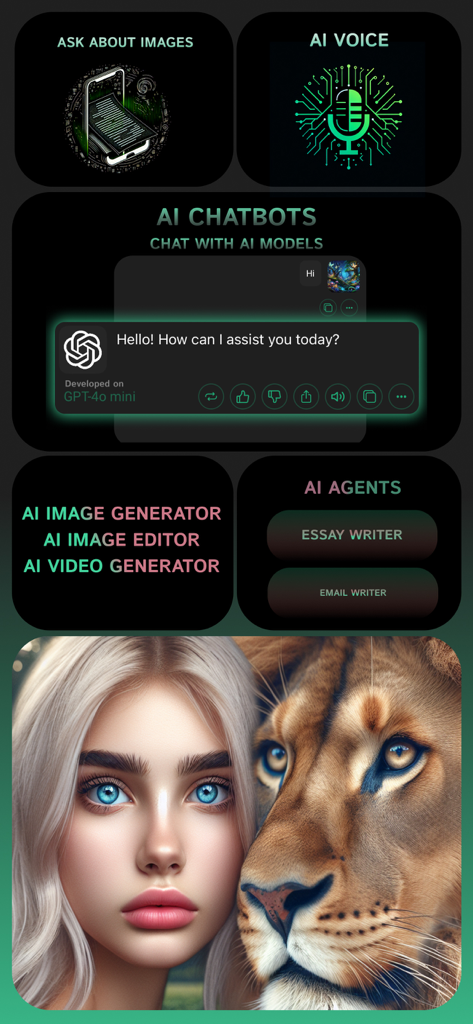 Clever AI Hub - Pro AI Agents - Interface showcasing multiple AI capabilities including chatbots image generation voice and specialized agents like essay and email writers