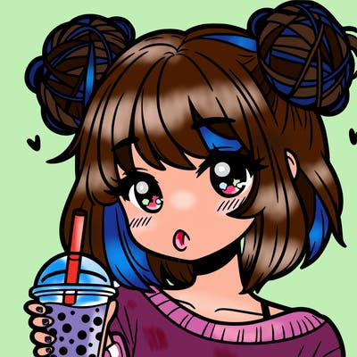 a super detailed teenage girl with two messy space buns. she will be drinking boba.it will only be showing her face and her one arm holding the boba.