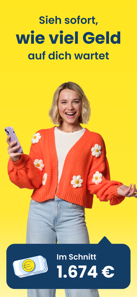 A smiling woman holding a smartphone with text displaying an average tax refund of 1674 euros.