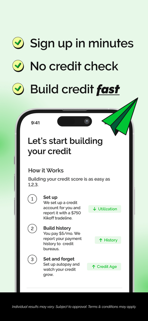 Kikoff – Build Credit Quickly - Uno smartphone che mostra l'interfaccia dell'app Kikoff che spiega tre semplici passaggi per costruire la storia creditizia e migliorare il punteggio di credito.