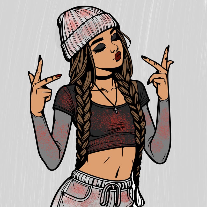 realistic teenage girl with braids and a beanie and crop top doing 🫶🏼