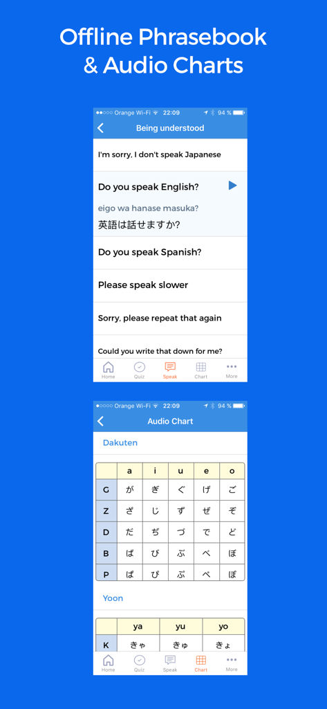 Dr. Moku's Katakana Mnemonics - Dr. Moku's Katakana app interface showing an offline phrasebook for travelers and audio charts for Japanese characters.