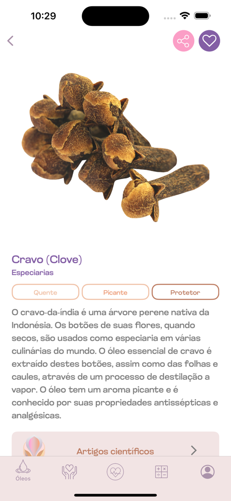 OLYA App - A screen in the OLYA app detailing the health properties and uses of cloves.