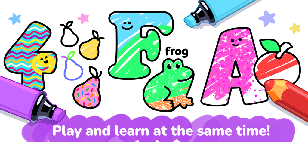 Interfaz colorida de libro de colorear educativo para niños con letras y números estampados