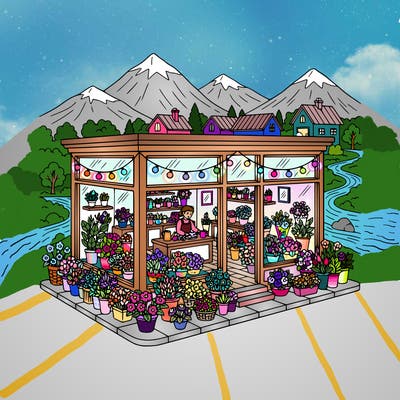 flower shop nestled in a mountain town.  there are string lights, a lot of different flowers arrangements, big windows, two employees are working, mountains and houses in background.  nature also