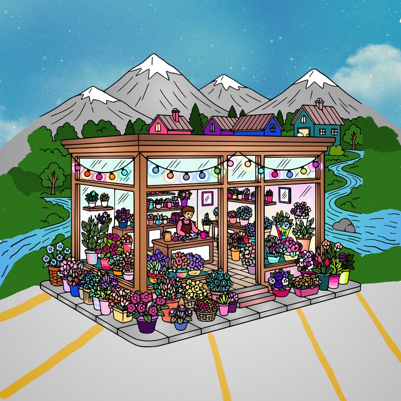 flower shop nestled in a mountain town.  there are string lights, a lot of different flowers arrangements, big windows, two employees are working, mountains and houses in background.  nature also