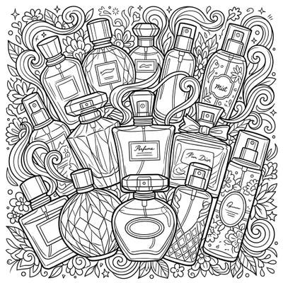Dive into a world of sophisticated scents with this captivating coloring page featuring an array of beautifully designed fragrance bottles. Perfect for those who appreciate elegance and enjoy a detailed coloring experience.