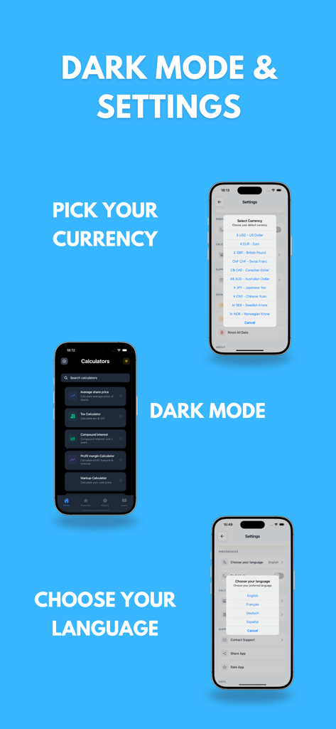 Compound Interest Calculator # - Interface of the Compound Interest Calculator app showing dark mode theme, currency selection, and language settings.