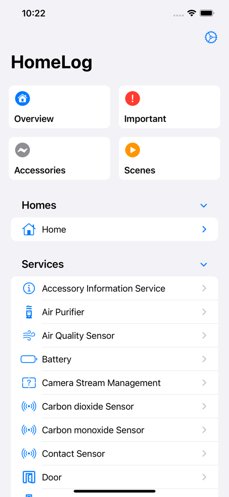 HomeLog for HomeKit - The HomeLog app interface displaying categories like overview and accessories alongside a list of smart home services