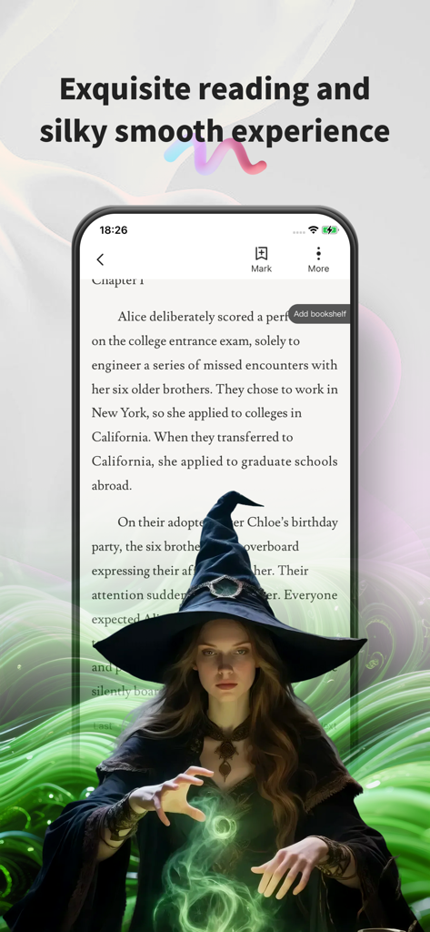 Um smartphone exibindo a interface do aplicativo VibeNovel com uma história de fantasia e ilustração de bruxa.