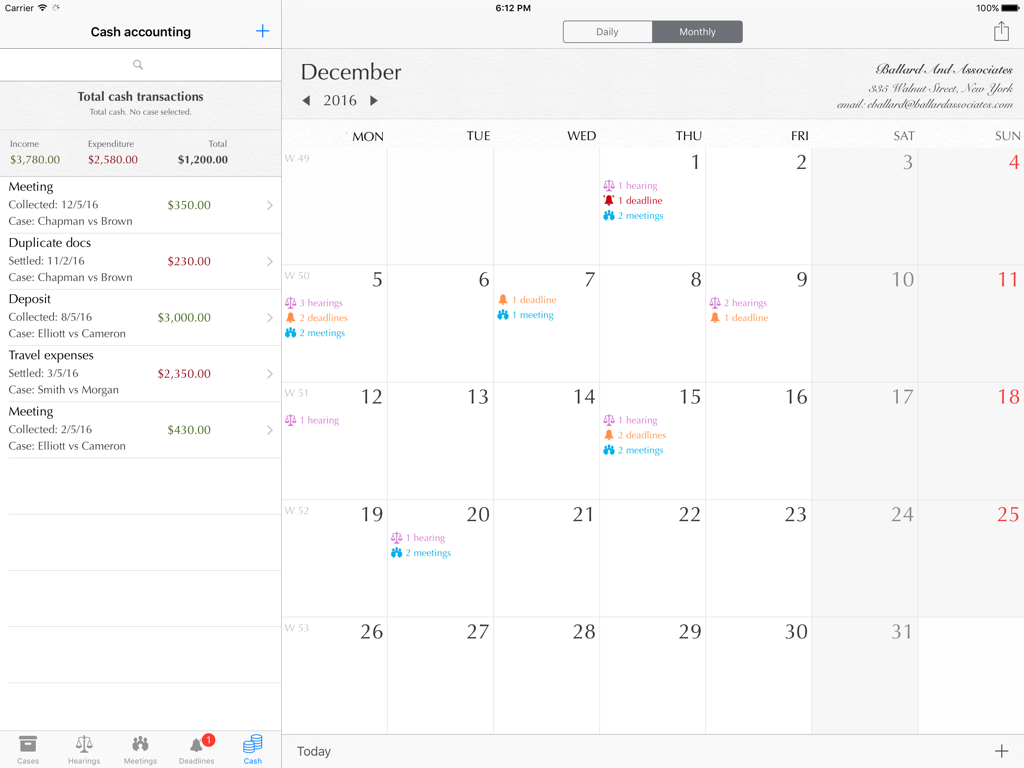 Lawyer's Planner - Monthly calendar view and cash accounting interface for legal professionals on an iPad.