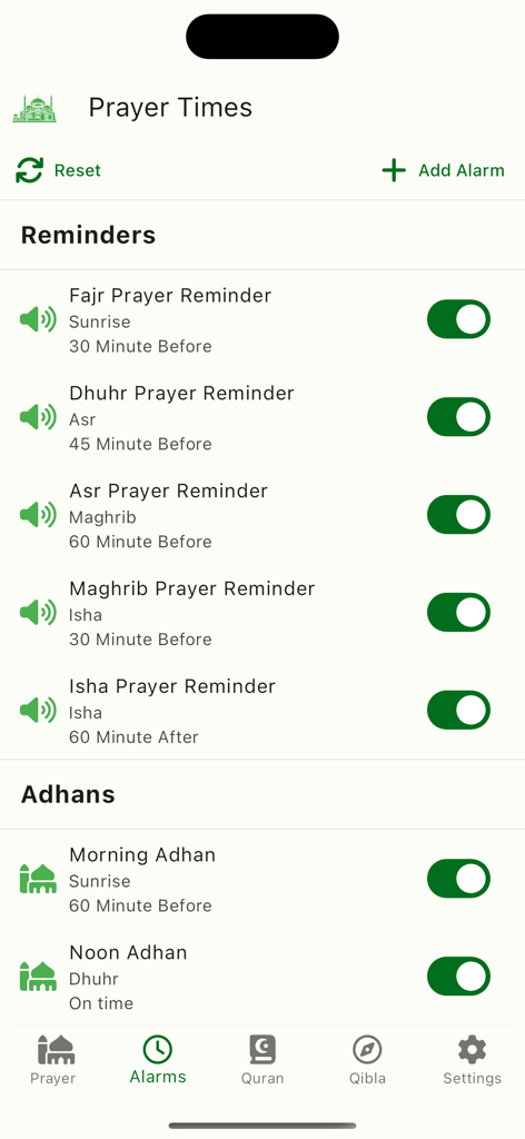 Interface of the Prayer Times app showing customizable prayer reminders and Adhan alarms.