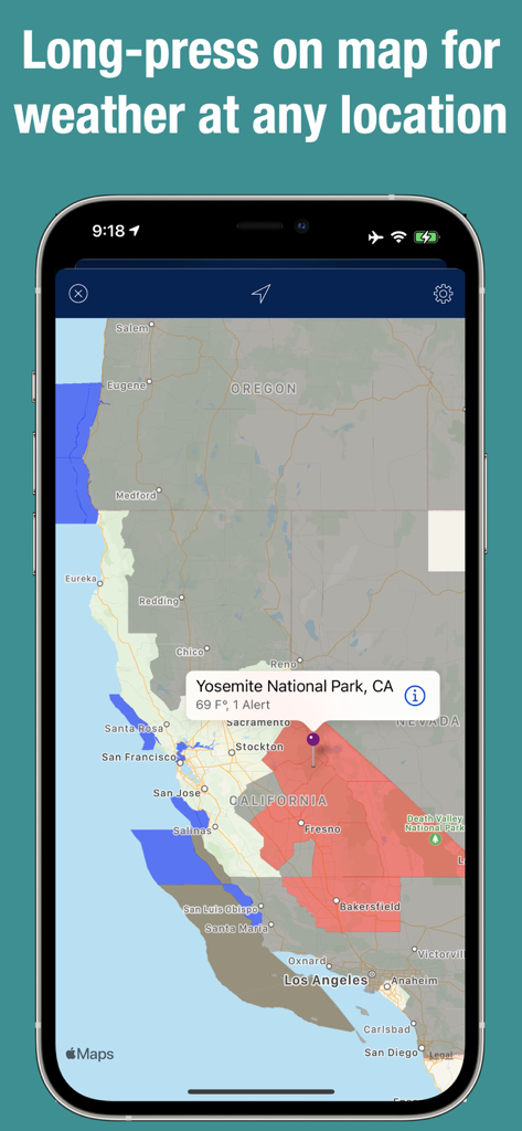 Doppler Radar - Live Rain Map - Doppler Radar app map displaying weather alerts and temperature for Yosemite National Park