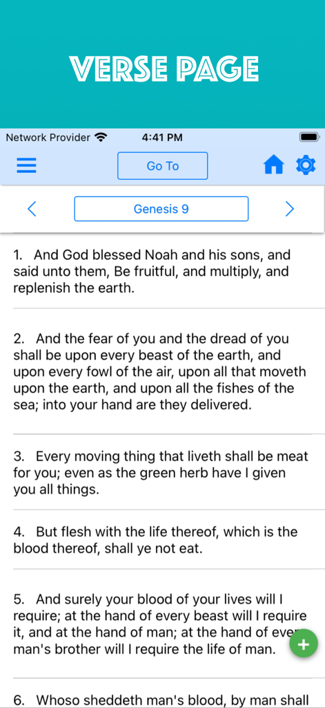 Holy Bible Offline iPhone - Una interfaz de lectura limpia que muestra versículos bíblicos del capítulo 9 del Génesis en la aplicación de la Biblia King James Version.