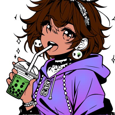 hot baddie anime girl drinking boba and biting the straw