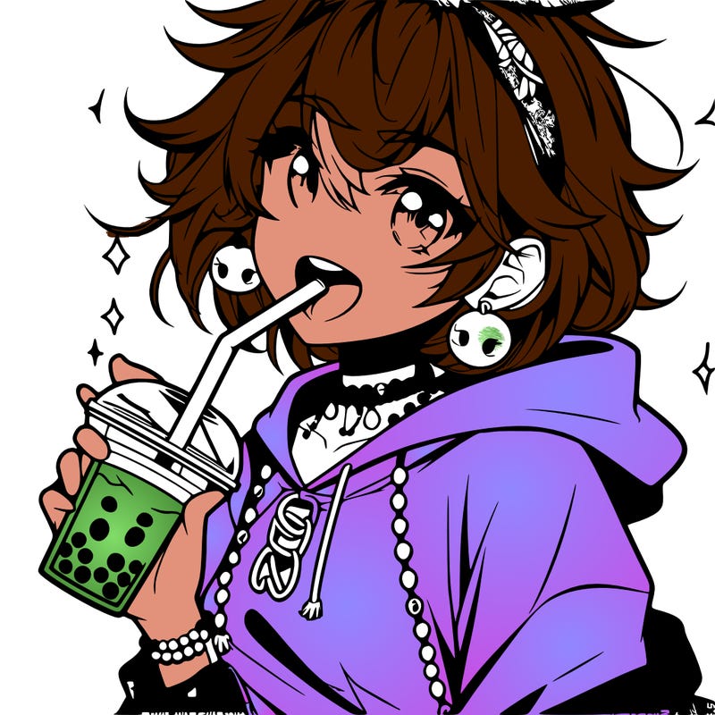 hot baddie anime girl drinking boba and biting the straw