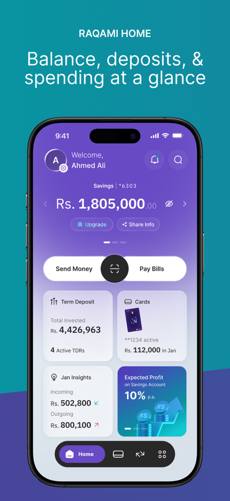 Home dashboard of the Raqami Islamic Digital Bank app showing account balance and financial insights