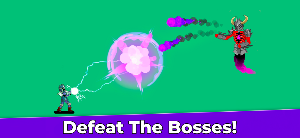 A stickman archer fighting a giant armored boss with magical energy blasts