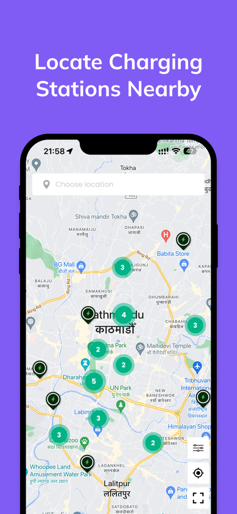 Charging Stations Nepal - Charging Stations Nepal app screen showing a map with EV charging station locations in Kathmandu
