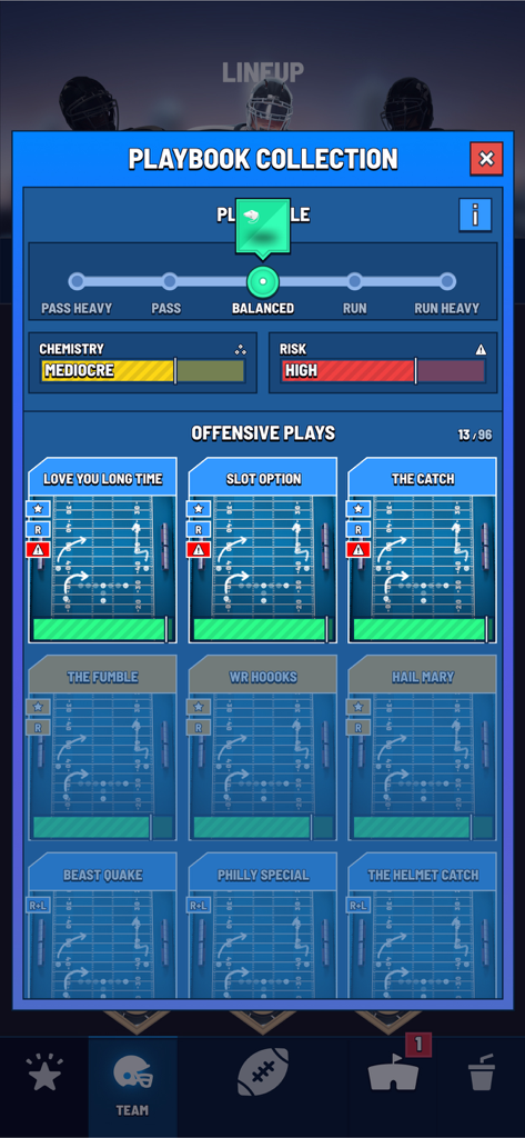 Blitz Football Franchise 2024 - 블리츠 풋볼 프랜차이즈 2024의 플레이북 컬렉션 화면, 공격 작전 및 플레이 스타일 설정 포함