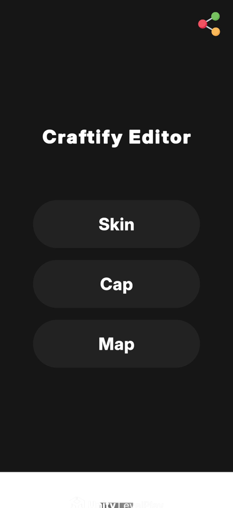 Main menu of Craftify Editor showing selection buttons for Skin Cap and Map