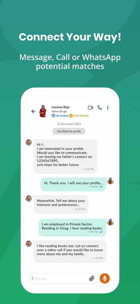Telugu Matrimony-Matrimony App - A screenshot of the Telugu Matrimony app showing a chat conversation between two potential matches with options for voice and video calls.