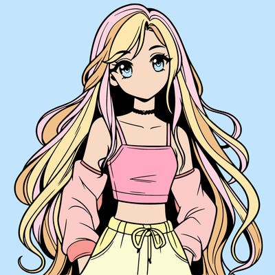 pretty anime girl in a crop top with long hair