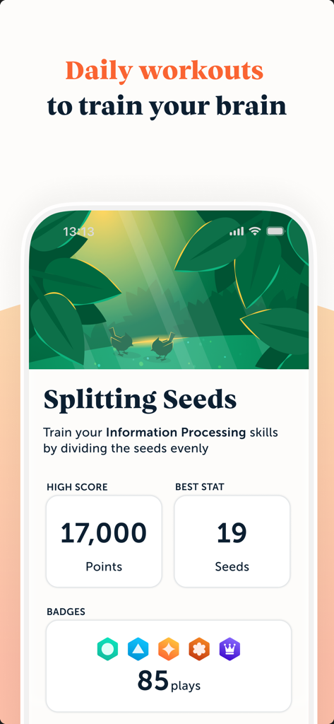 Lumosity: Brain Training Games - Pantalla de la aplicación Lumosity que muestra los resultados y estadísticas de rendimiento del juego de entrenamiento cerebral Splitting Seeds