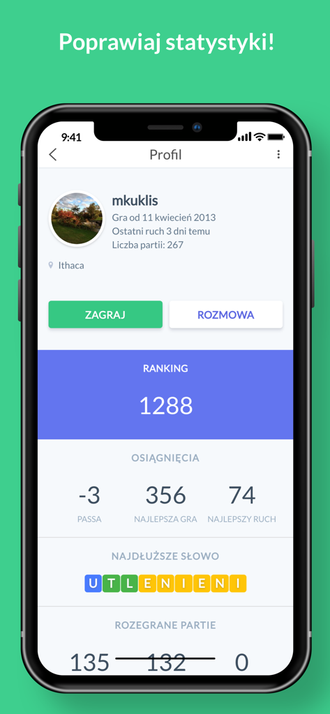 Literaki app user profile screen showing player ranking and word game statistics in Polish