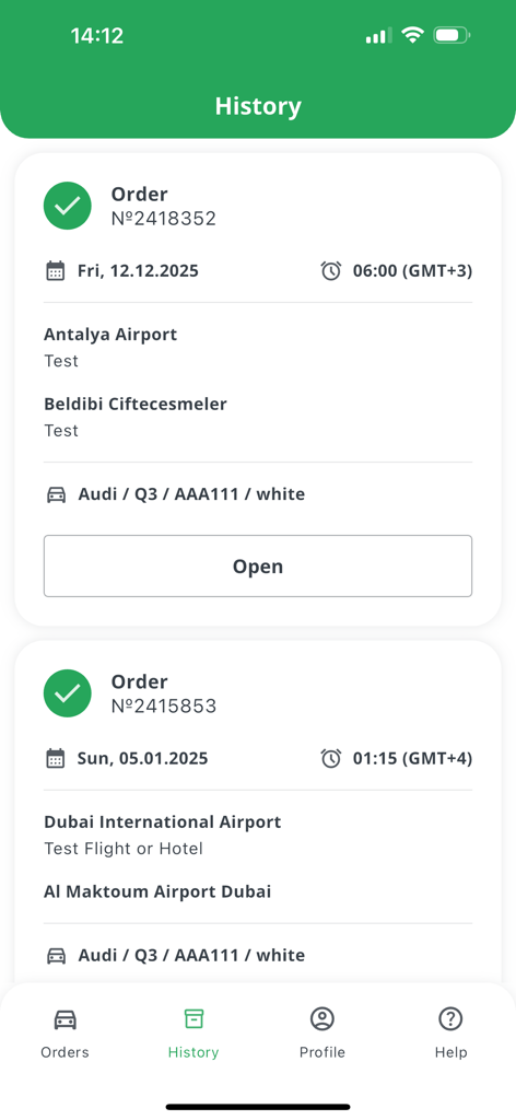 Kiwitaxi Driver - Kiwitaxi Driver app order history page displaying completed airport transfer logs