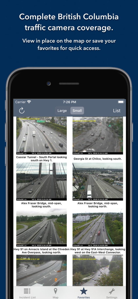 Grid view of live traffic camera feeds in the British Columbia Roads app showing various bridges and highways