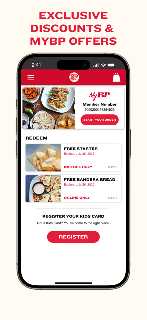 Boston Pizza - Boston Pizza mobile app rewards screen showing MyBP member discounts and free food offers like free starter and free bandera bread
