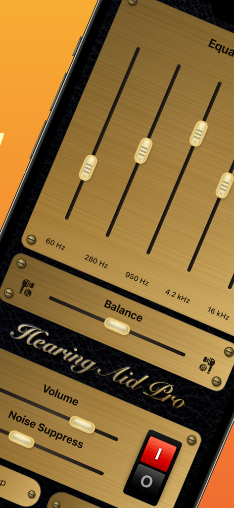 Hearing Aid: Sound Amplifier - Interface do aplicativo Hearing Aid mostrando controles deslizantes do equalizador de frequência e supressão de ruído