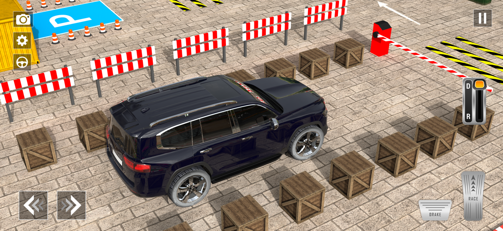 Prado Parking Game - Car Game - Gameplay screenshot of a luxury SUV navigating between obstacles in a parking simulator
