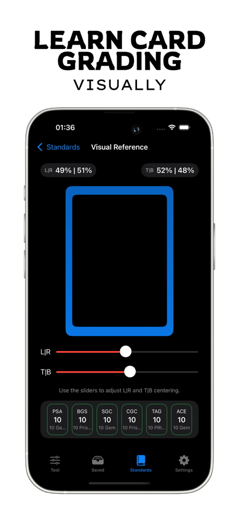 Card Centering Calculator App - Visual reference interface showing card centering ratios and grading company standards