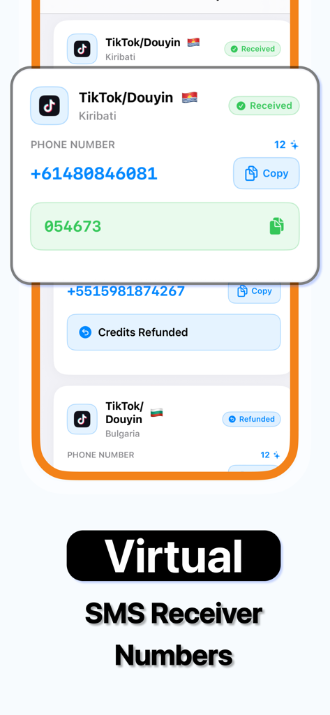 Interfaz de la aplicación SafeSim que muestra el código de verificación SMS recibido para TikTok y notificación de reembolso de crédito