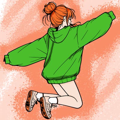 realistic girl jumping with a bun and oversized sweatshirt