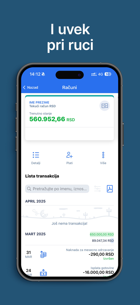 mBanking Erste Banka Srbija - Mobile banking app interface showing account balance and recent transaction history in Serbian dinars.
